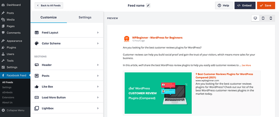 Übersicht über die Anpassungsseite für einen Feed