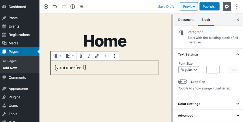 Shortcode zur Seite oder zum Beitrag hinzufügen