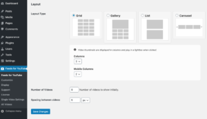 Feeds for YouTube WordPress plugin - Opções de grelha