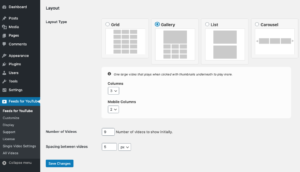 Feeds for YouTube WordPress plugin - Opções de galeria