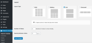 Feeds para o plugin YouTube WordPress - Opções de lista