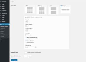 Feeds for YouTube WordPress plugin - Opções de carrossel