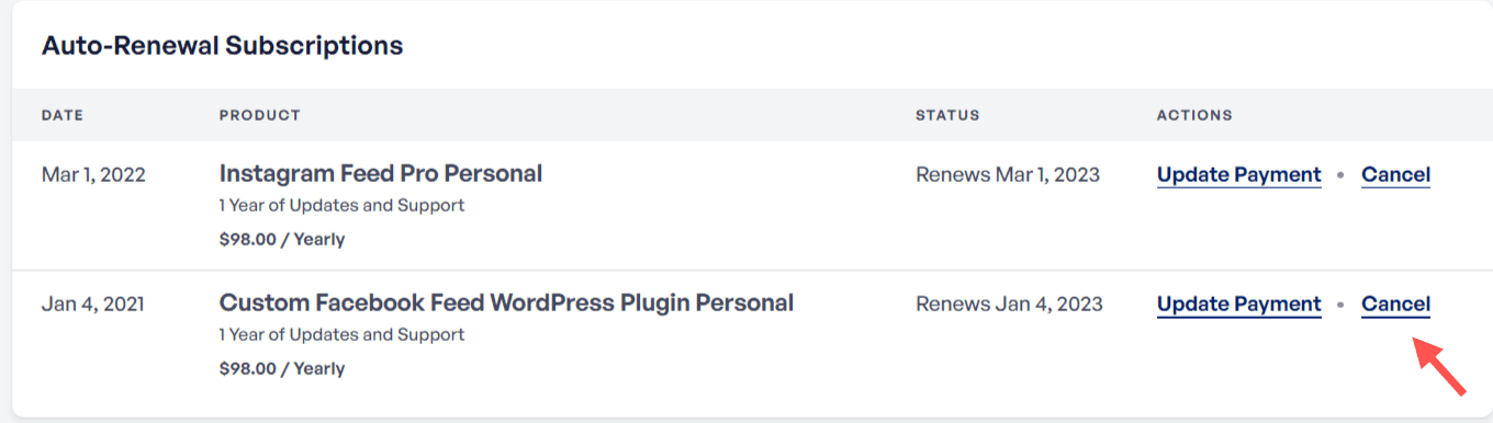 Screenshot of how to cancel a subscription.