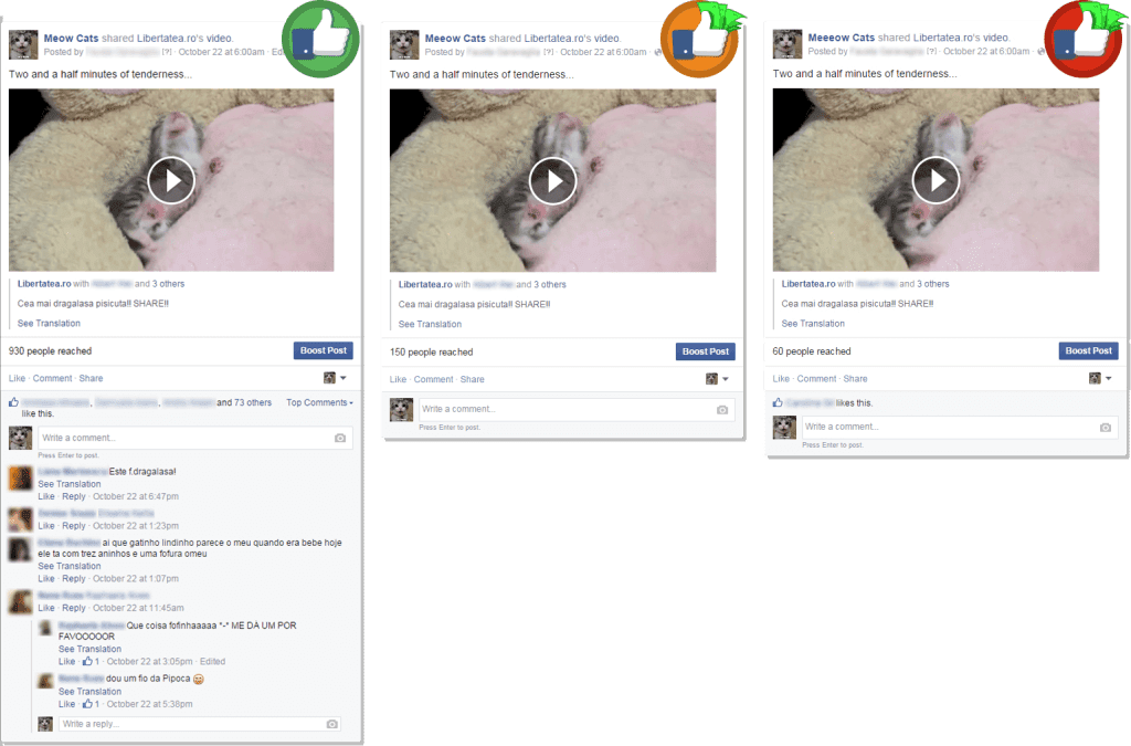 Ejemplo que muestra el impacto negativo de comprar seguidores en Facebook.