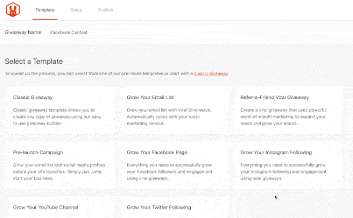 selezionare il modello di giveaway di facebook