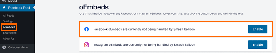 Click oEmbeds and enable the oEmbed functionality