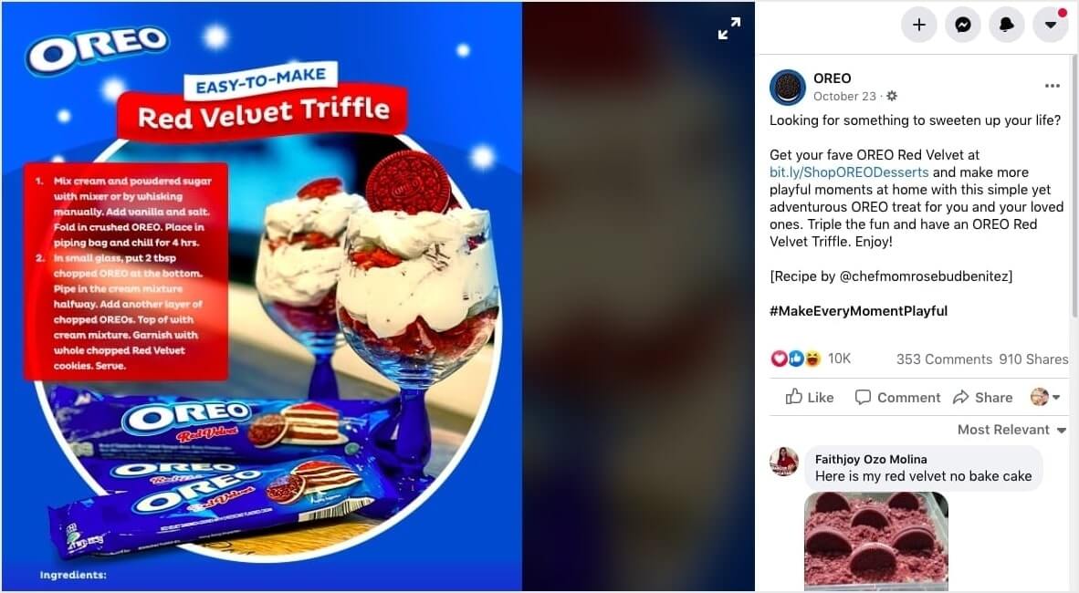 Ejemplos de marketing en redes sociales: publicación de Oreo en Facebook.