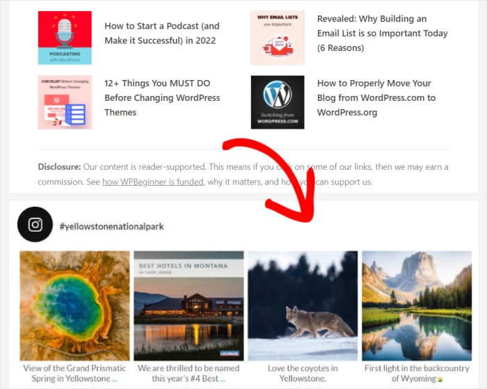 Ejemplo de un feed de Instagram en un sitio web.
