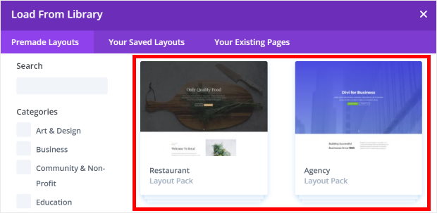 escolher um layout divi da biblioteca
