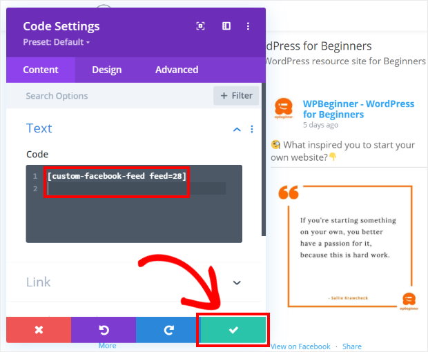 Code-Modul mit Facebook-Feed-Shortcode hinzufügen