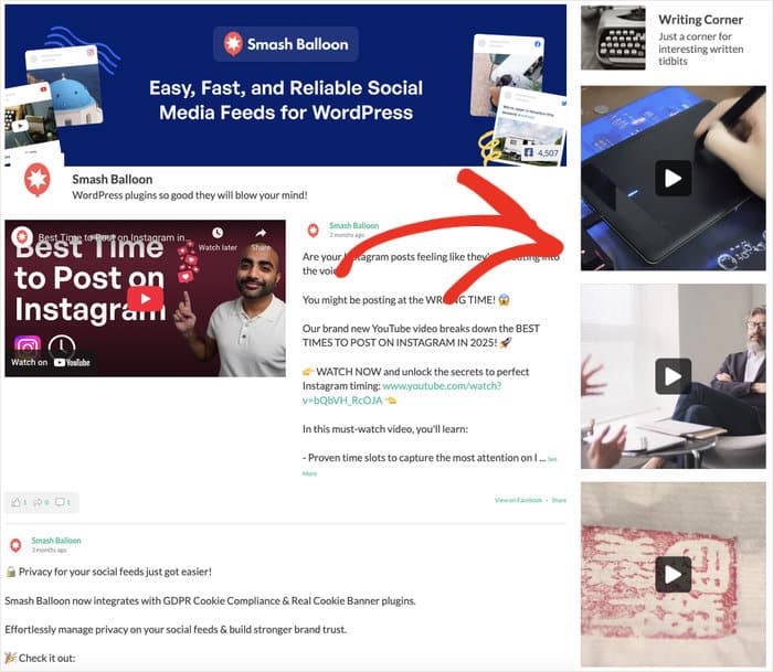 Facebookビデオフィードのサイドバーの例