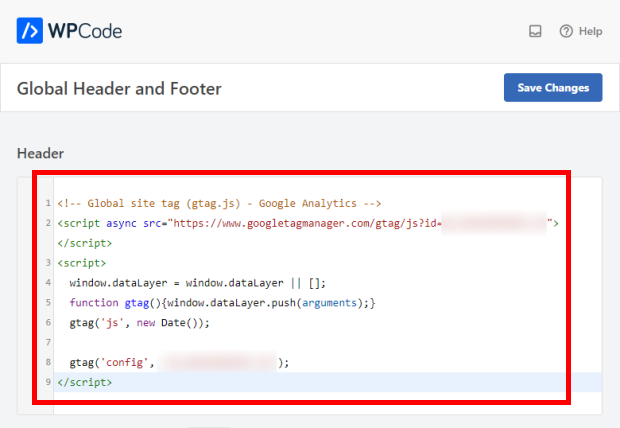 incollare l'id di tracciamento del sito