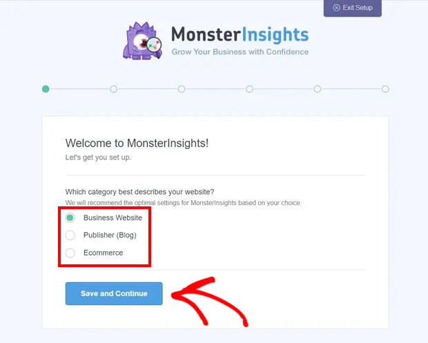 Continua la configurazione di monsterinsights