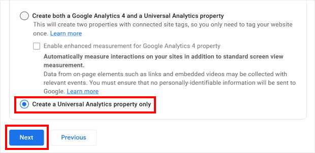 impostare la proprietà google universal analytics