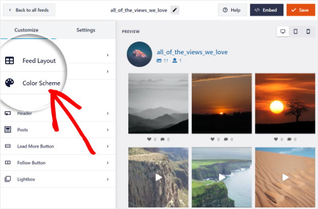 selecionar a opção de esquema de cores instagram