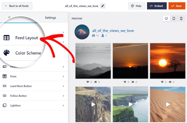 selecionar a opção de apresentação do feed instagram