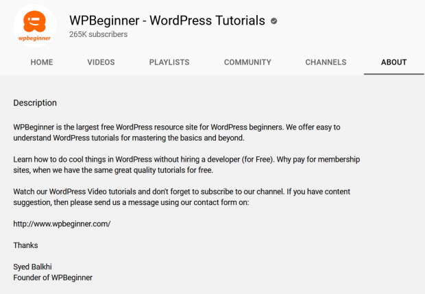descripción del canal de youtube