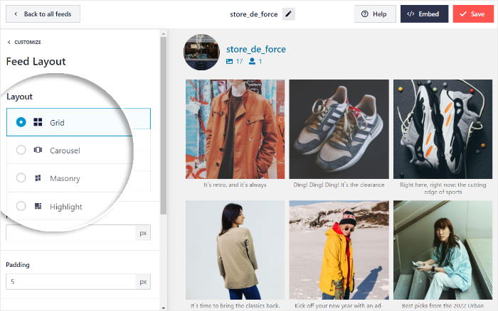 choose from grid, carousel, masonry, and highlights layout for instagram feed