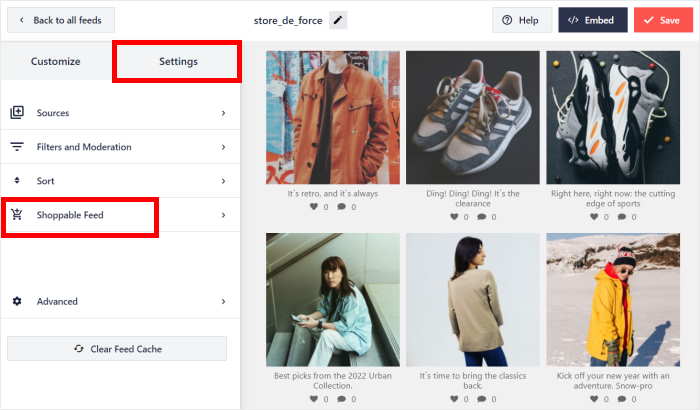 open shoppable feed option in visual customizer