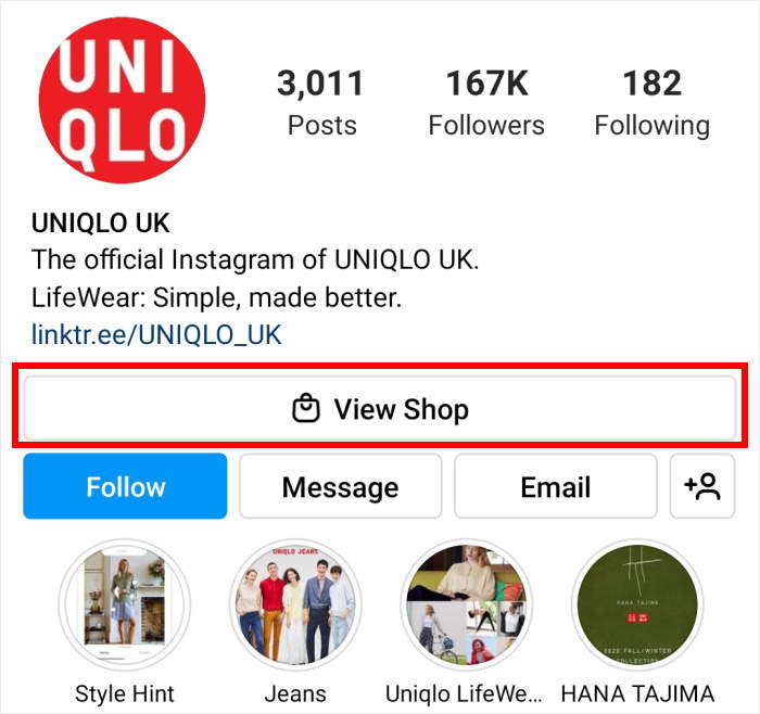 example of a view shop button for instagram