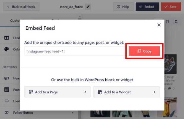 copiar o código de incorporação do popup