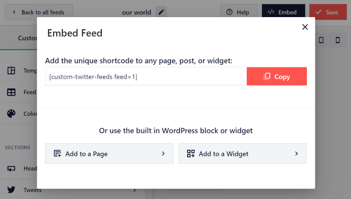 embed twitter feed popup