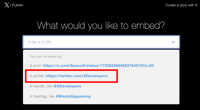 select your manual embed type for twitter