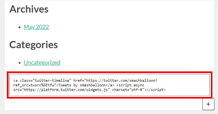widget area with an embed code for twitter