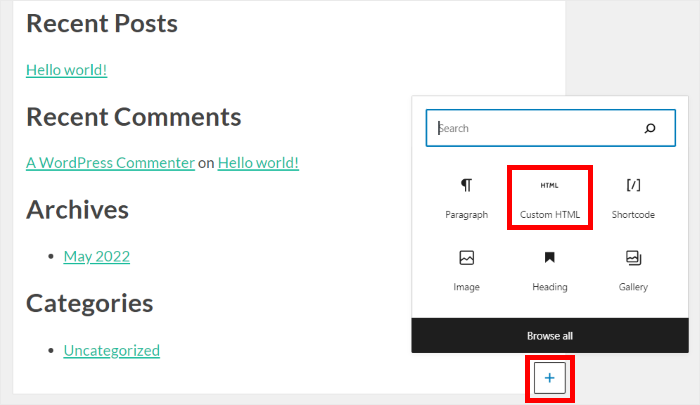 selecting the custom html block for a widget