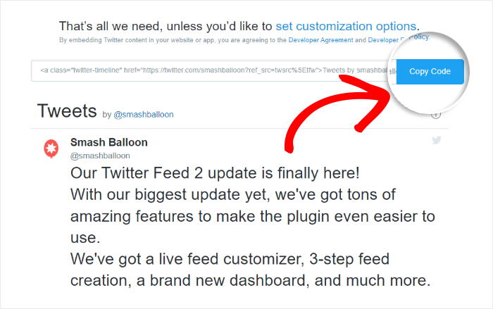 copy the embed code of twitter feed