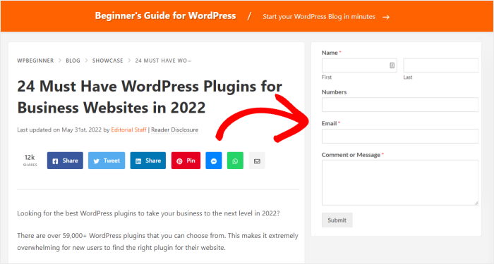 incorporare il modulo di contatto nella barra laterale