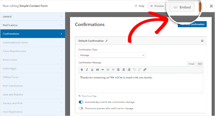 fare clic sul pulsante di incorporazione modulo di contatto
