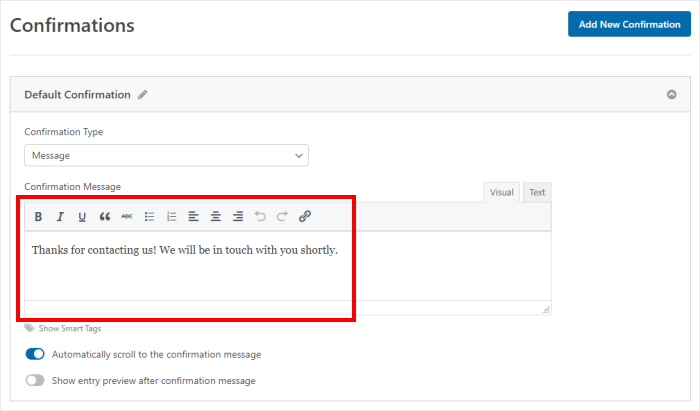 aggiungete il vostro messaggio di conferma