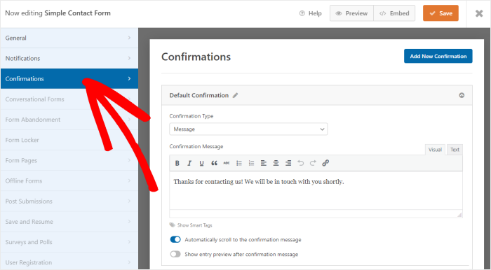 aprire l'opzione conferme