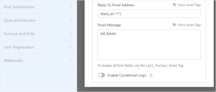 opzioni di notifica wpforms