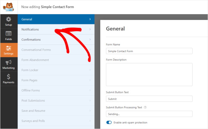 aprire sezione di notifica wpforms