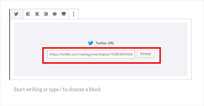 copiare l'url di twitter sul blocco di wordpress