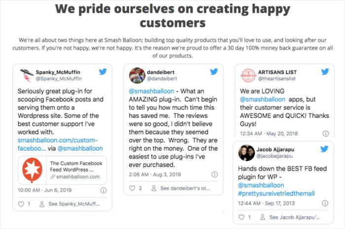 témoignage client avec twitter feed pro