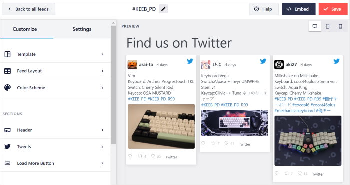 éditeur de flux en direct twitter feed pro visual preview