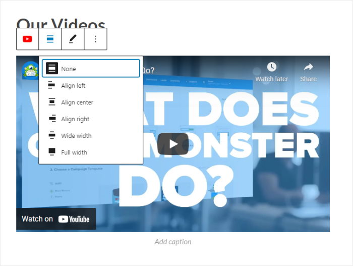 youtube video change allignment 