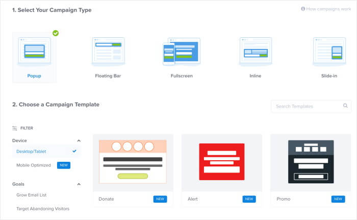 options de campagne pour optinmonster