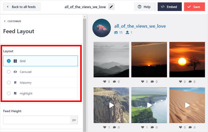 different layouts to display your instagram on your website