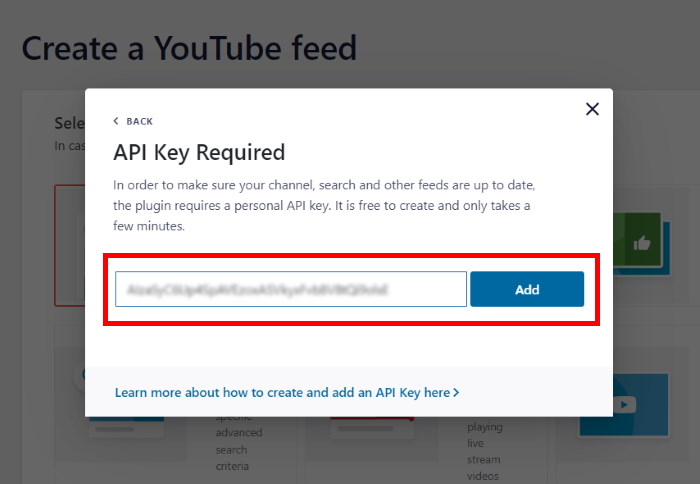 add api key to connect your feed to youtube