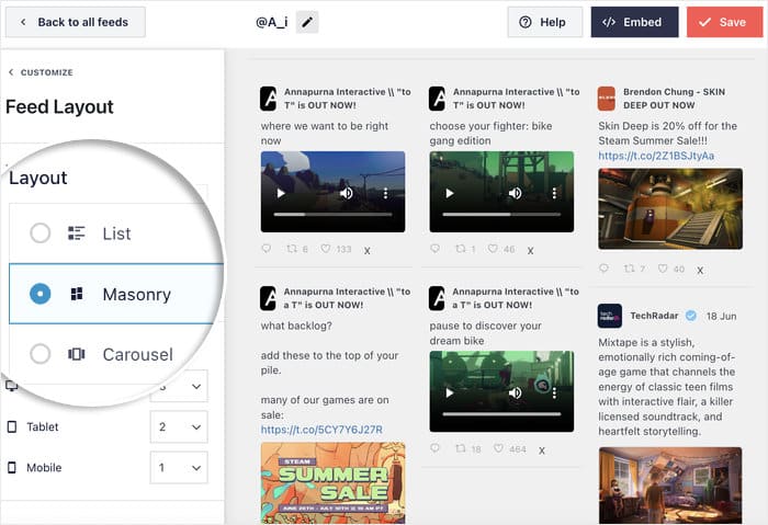pick from 3 layout options for twitter