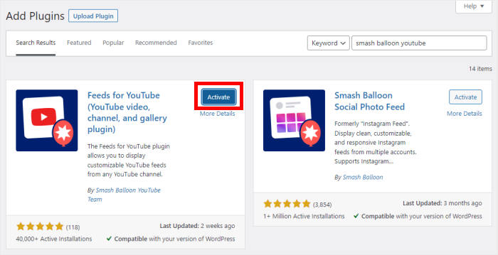 Aktivieren Sie das Feeds for Youtube-Plugin