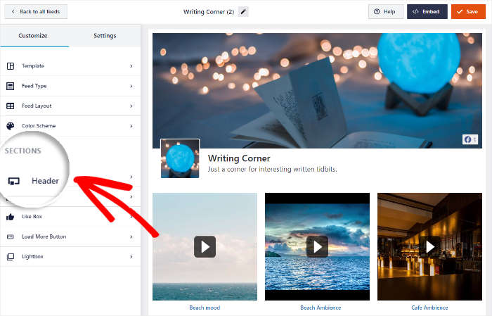 opción de cabecera para facebook feed pro live stream