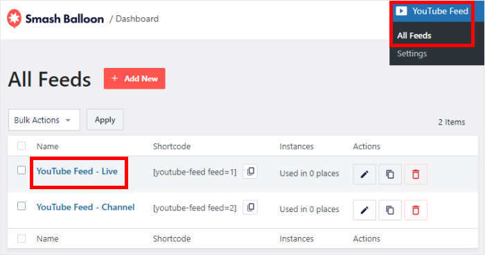 ライブフィードエディタでフィードを開く