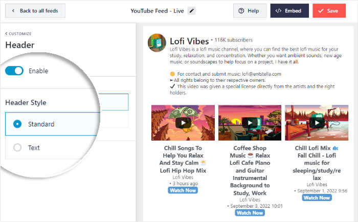 editor de feed em direto escolha o seu cabeçalho