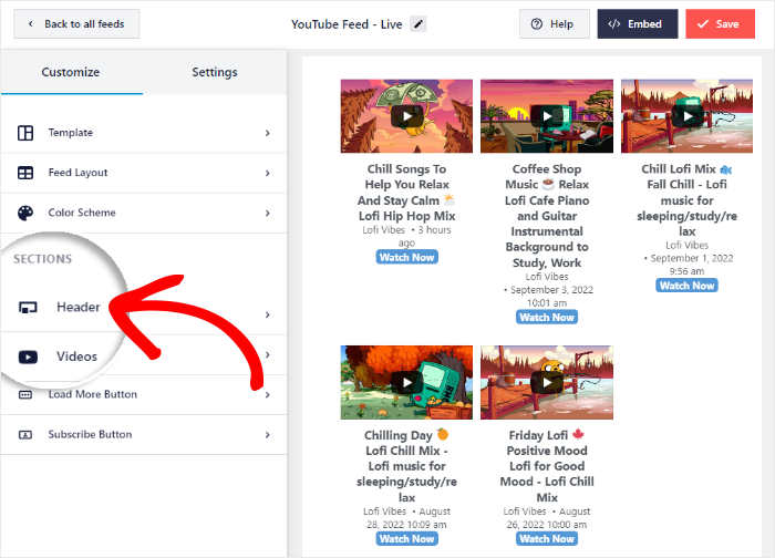 abrir opções de cabeçalho para o feed do youtube pro