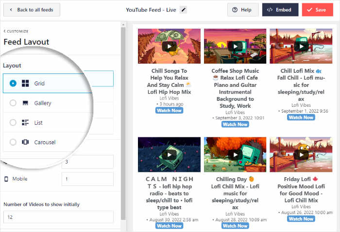 opções de layout youtube live streaming video